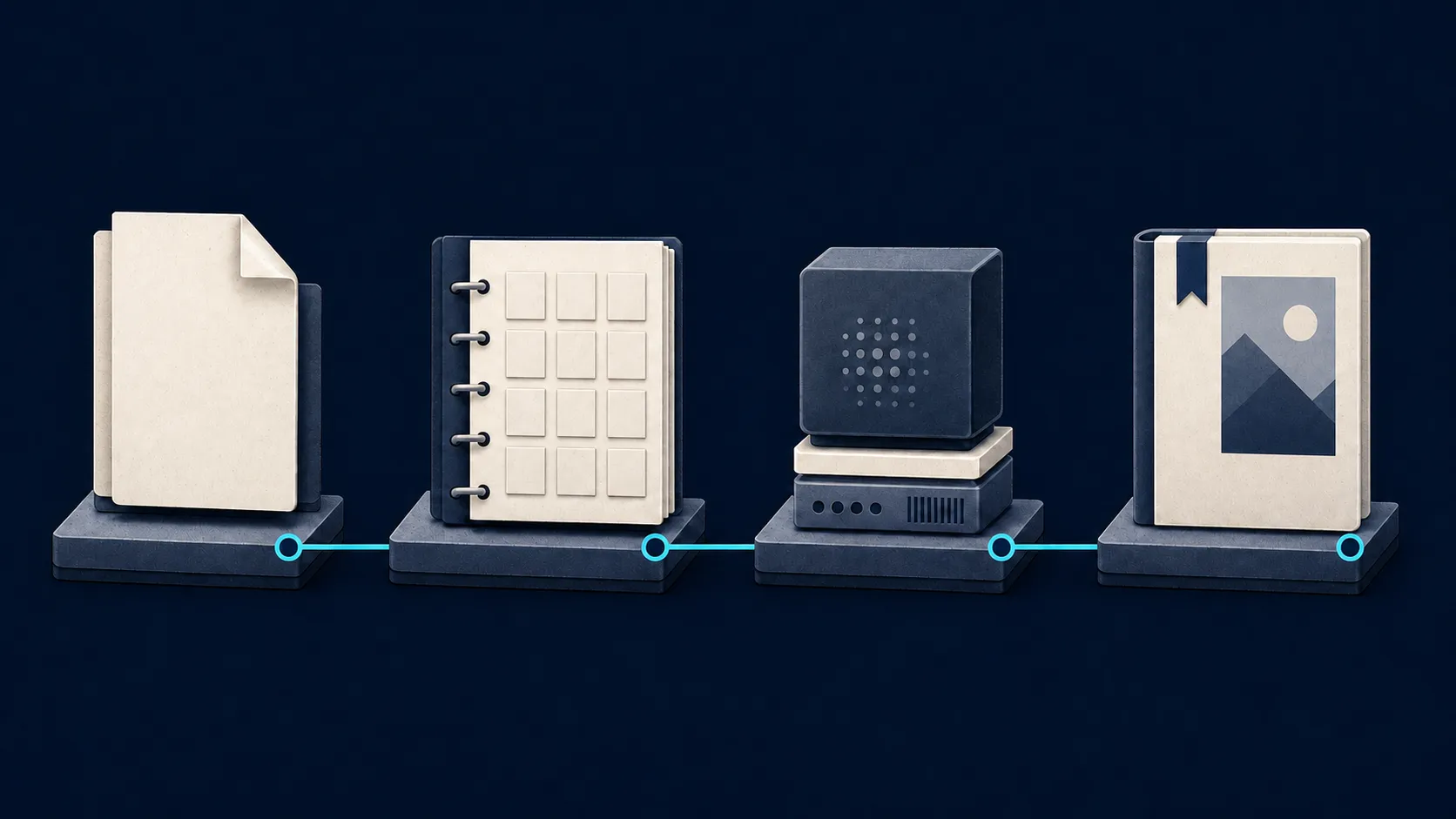 A four-stage editorial pipeline moves a release source through an evidence ledger and an exact model, runtime and hardware record into a published update.