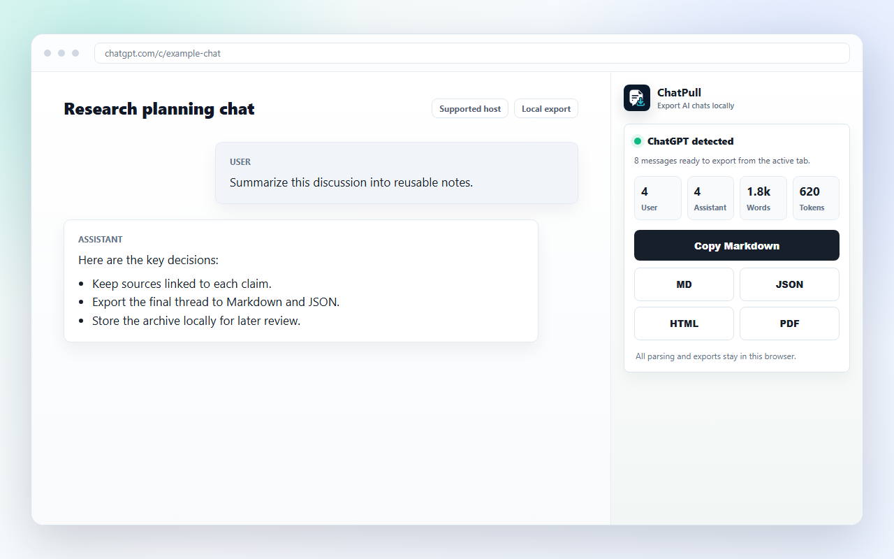ChatPull side panel showing detected chat export options