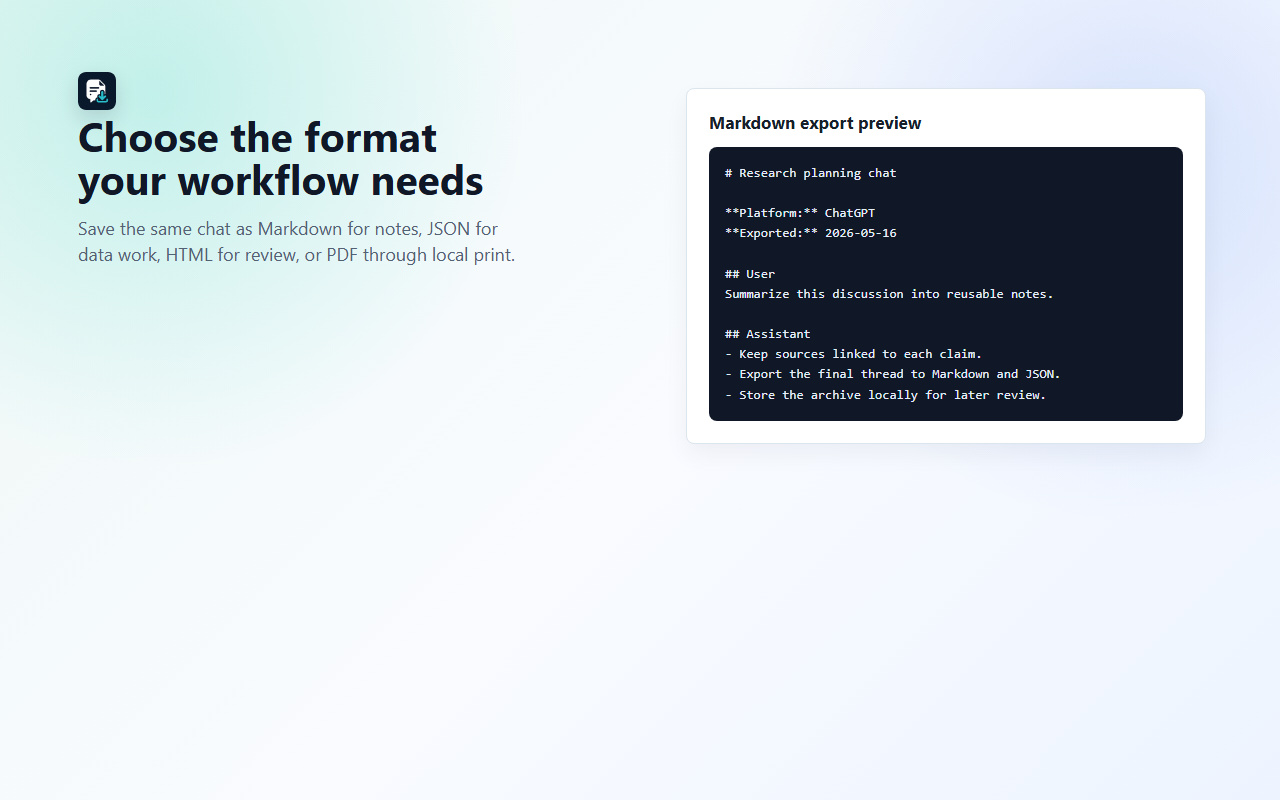 ChatPull export controls for Markdown, JSON, HTML and PDF