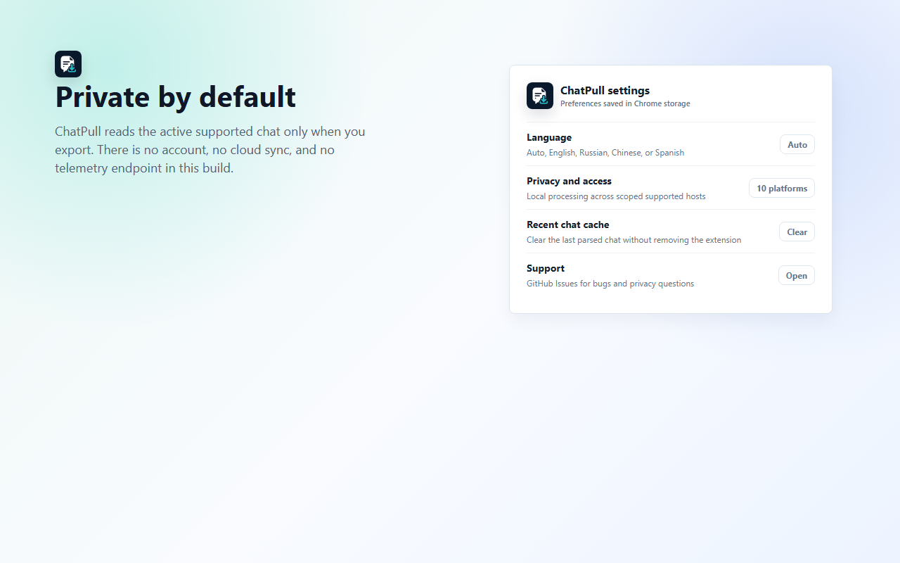 ChatPull settings screen with privacy and local cache controls