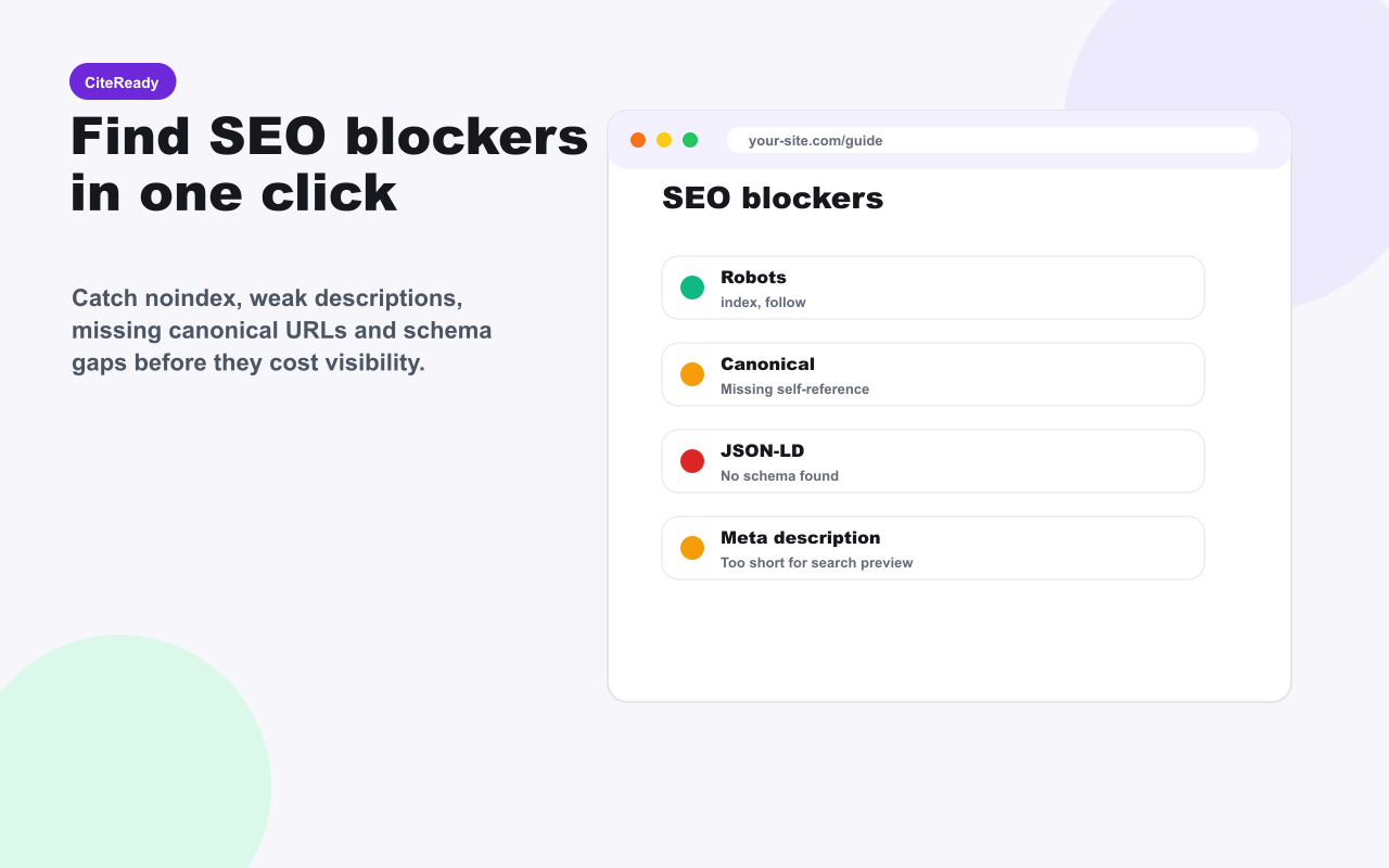 CiteReady SEO blocker audit for robots canonical schema and meta description