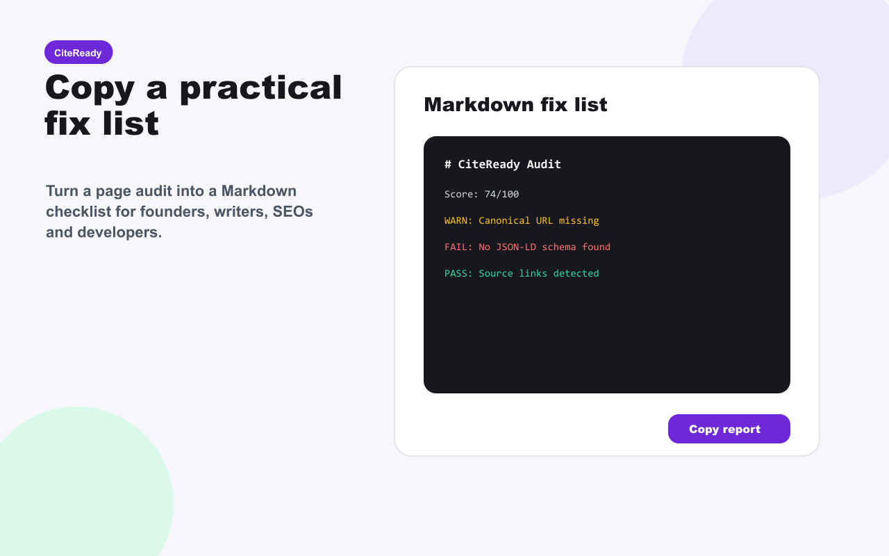 CiteReady Markdown fix list export for SEO and GEO audit issues