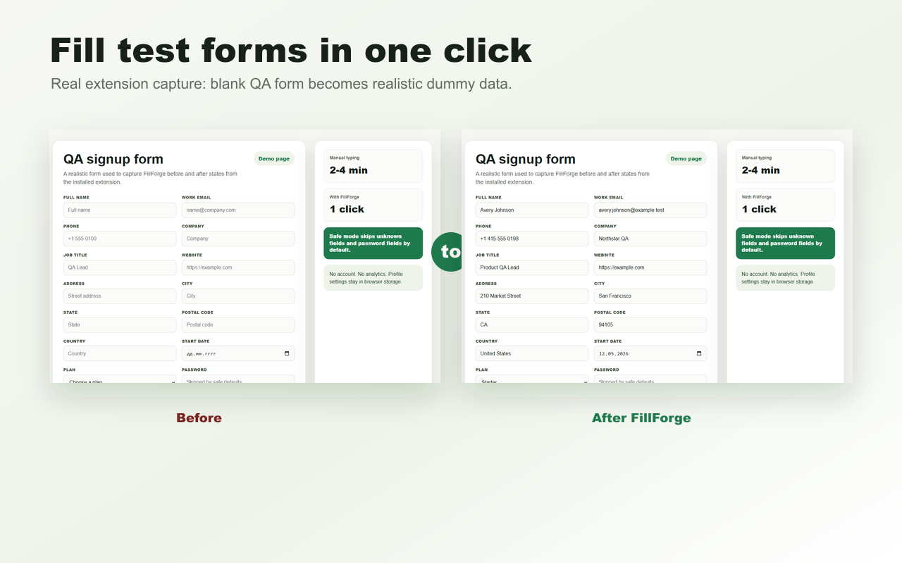 FillForge fills a blank QA form with realistic dummy test data