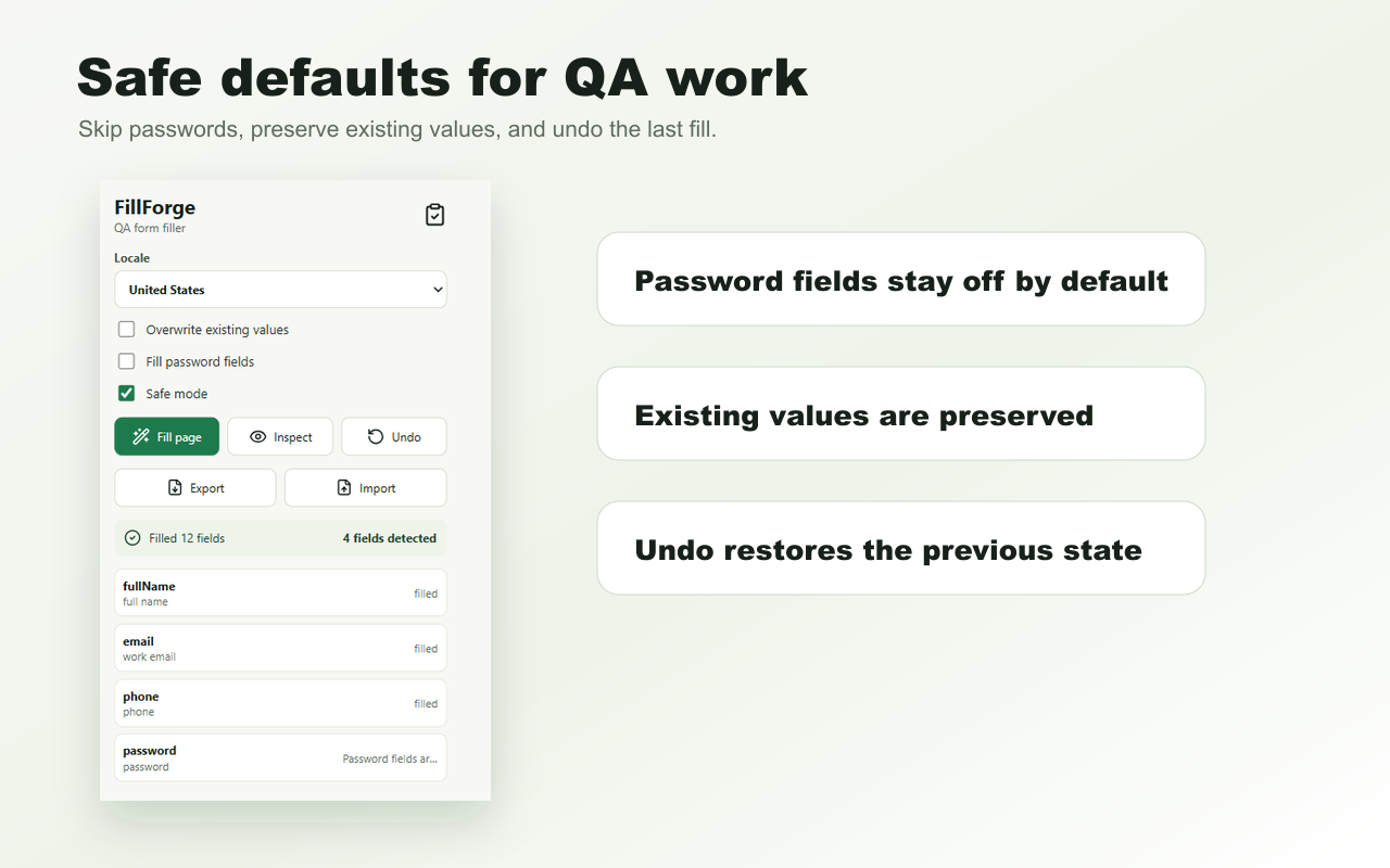 FillForge safe mode controls for password fields, overwrite settings and undo