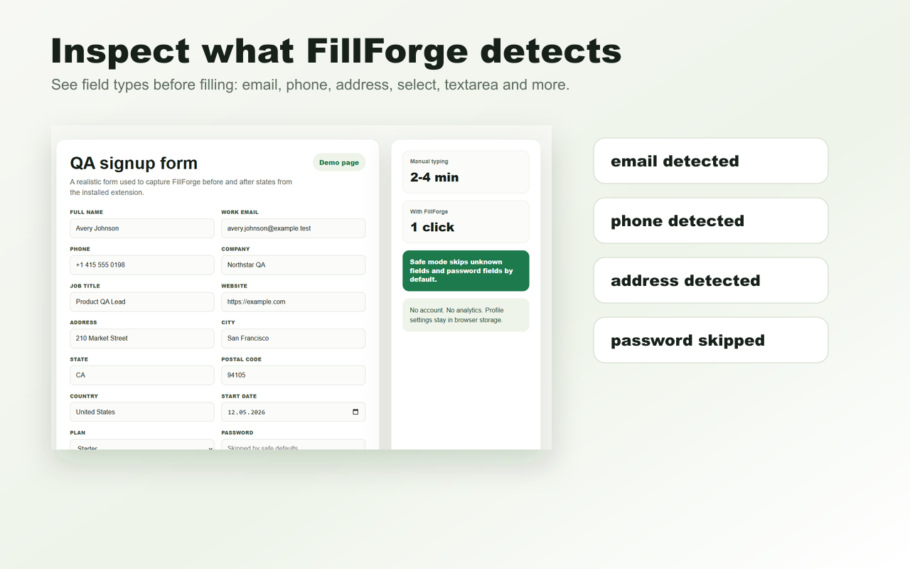 FillForge inspecting detected form fields before filling