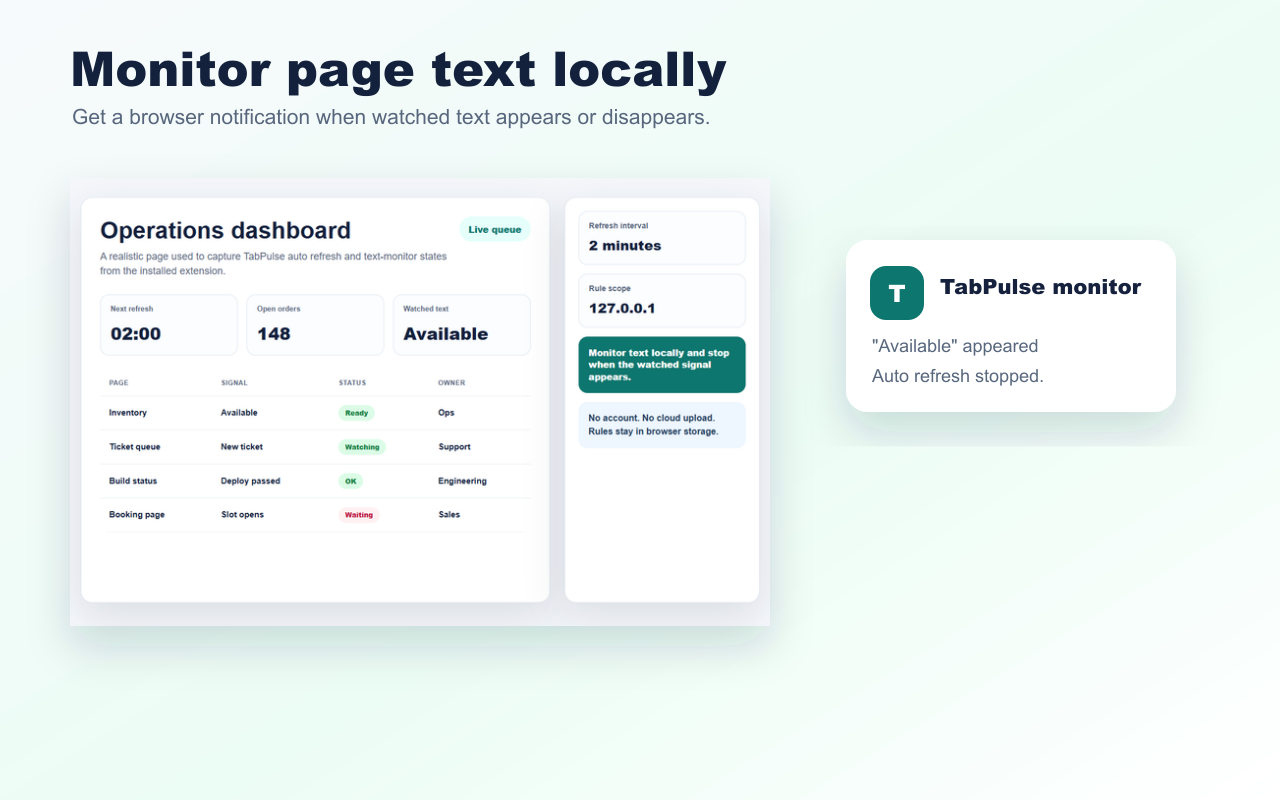 TabPulse page monitor notification when watched text appears