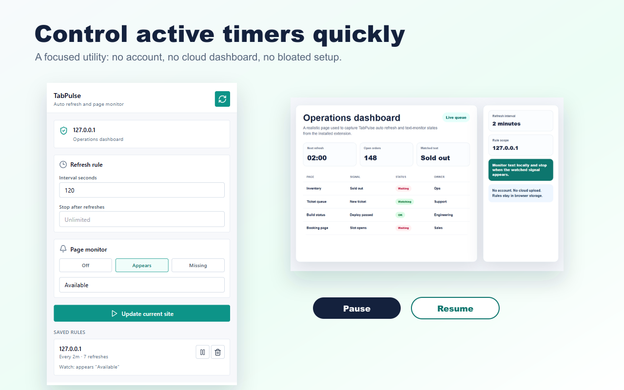 TabPulse controls for pausing and resuming active timers
