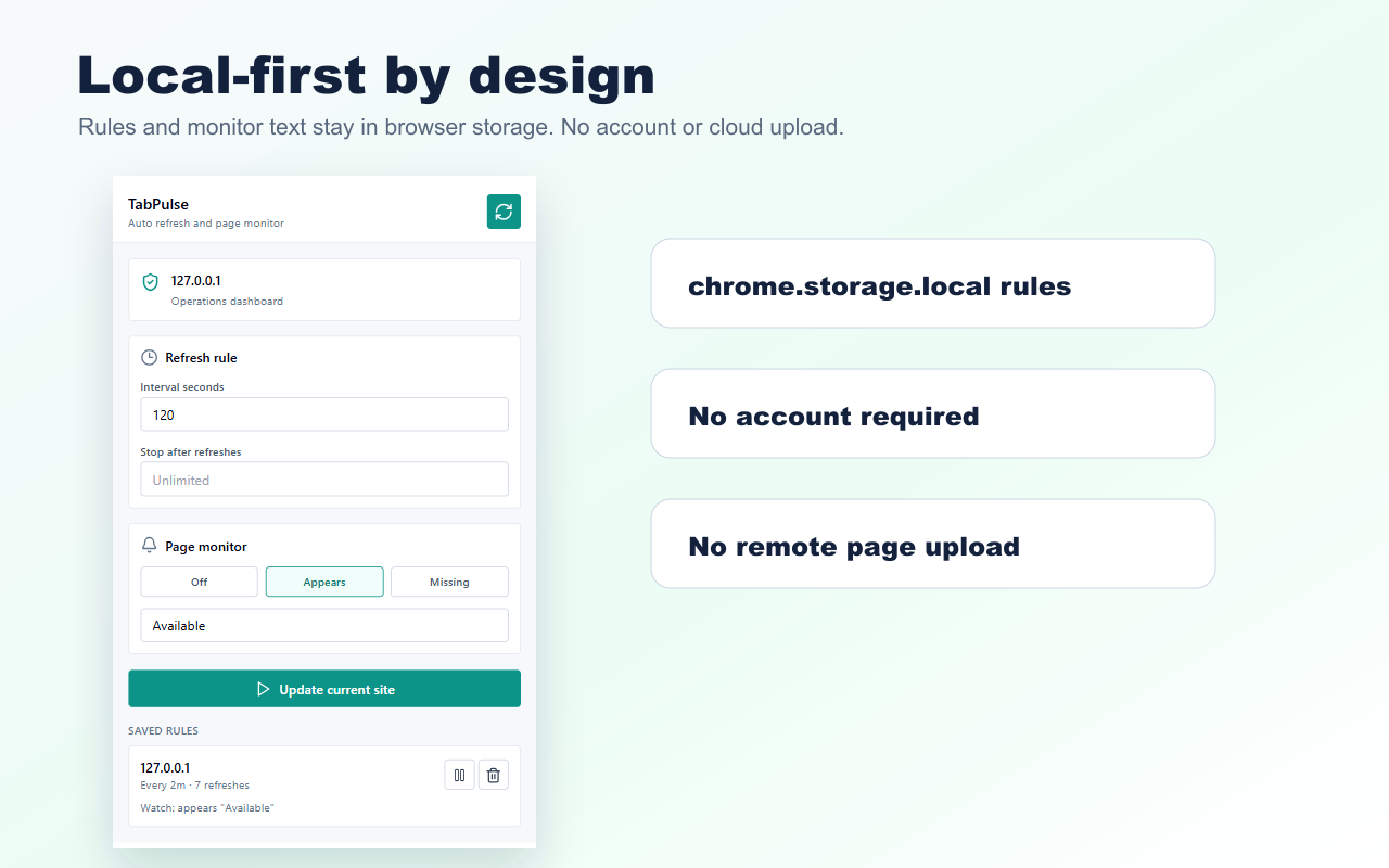 TabPulse local-first privacy screenshot showing local browser storage