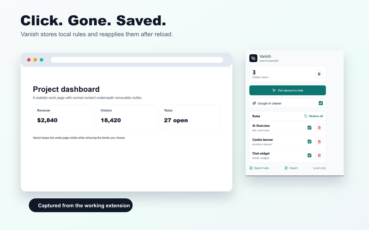 Vanish click-to-hide mode saving a hidden webpage element rule
