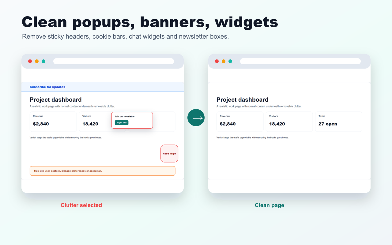 Vanish cleaning popups, cookie banners and sticky widgets from webpages