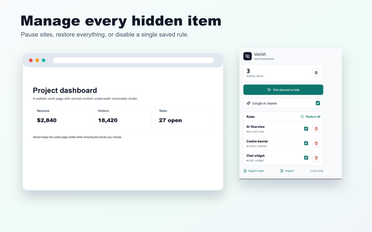 Vanish popup rule manager with local hidden element rules